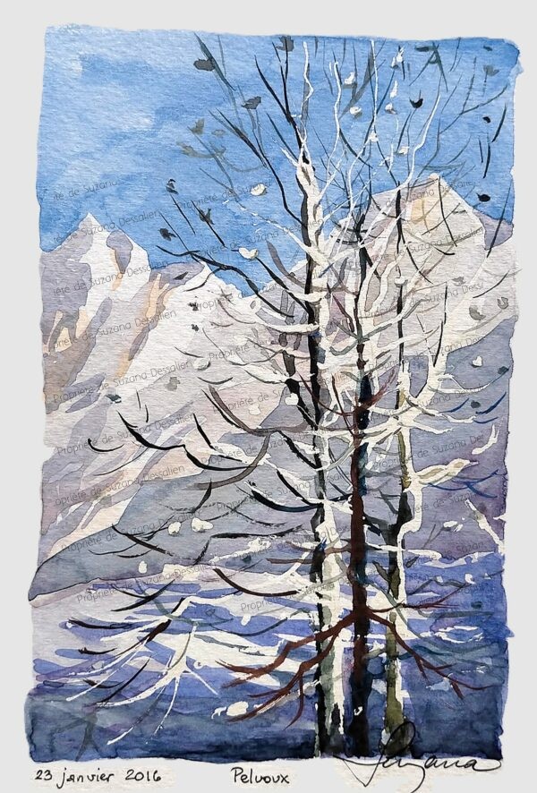 Contemplez le Pelvoux depuis la chaleur protectrice d'un refuge montagnard. Cette aquarelle exclusive immortalise l'instant magique où l'aube alpine transforme les sommets en théâtre de cristal et de lumière. L'œuvre unique révèle cette perspective intime du géant savoyard, encadrée par la dentelle givrée d'un arbre sentinelle. Chaque nuance traduit l'émotion pure de ces matins d'exception, où la tiédeur du cocon humain magnifie la grandeur glaciaire. Une création d'art qui capture l'essence même de la contemplation montagnarde, entre recueillement et éblouissement.