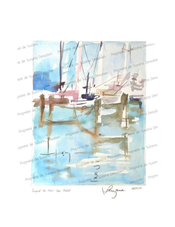 Marine aux voiliers - Hommage artistique - Aquarelle originale 40x30 cm Cette aquarelle maritime exclusive puise son inspiration dans l'univers poétique des maîtres de la peinture navale pour créer une œuvre totalement personnelle. Les voiliers évoluent en grâce sur des eaux miroitantes, orchestrant une symphonie de bleus cristallins et de blancs nacrés. Cette création unique réinterprète les codes de la marine classique avec une sensibilité contemporaine, où chaque embarcation devient prétexte à explorer la fluidité aquatique. Une pièce d'exception qui transpose l'âme des ports sereins et l'appel du large dans votre espace, invitation permanente à l'évasion maritime.