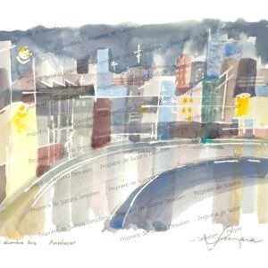 Aquarelle originale Anoitecer par Suzana Dessalien, paysage urbain crépusculaire 30x40cm, œuvre unique