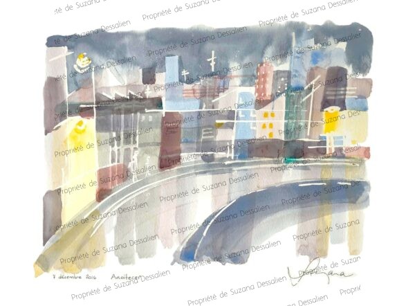 Aquarelle originale Anoitecer par Suzana Dessalien, paysage urbain crépusculaire 30x40cm, œuvre unique