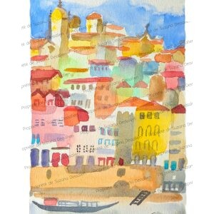 Aquarelle originale Porto par Suzana Dessalien, paysage urbain Portugal 29,7x21cm, œuvre unique