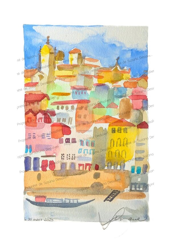 Aquarelle originale Porto par Suzana Dessalien, paysage urbain Portugal 29,7x21cm, œuvre unique