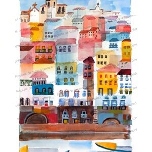 Porto I technique mixte originale par Suzana Dessalien, paysage urbain Portugal 40x30cm, œuvre unique
