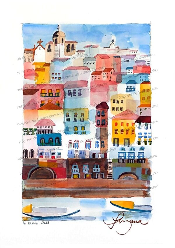Porto I technique mixte originale par Suzana Dessalien, paysage urbain Portugal 40x30cm, œuvre unique