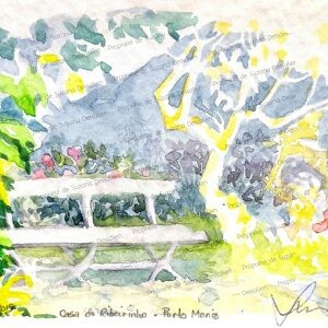 Aquarelle Casa do Ribeirinho par Suzana Dessalien, jardin tropical ensoleillé lumière dorée à travers feuillage, Brésil, 13x21cm