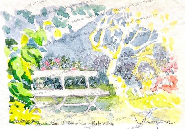 Aquarelle Casa do Ribeirinho par Suzana Dessalien, jardin tropical ensoleillé lumière dorée à travers feuillage, Brésil, 13x21cm