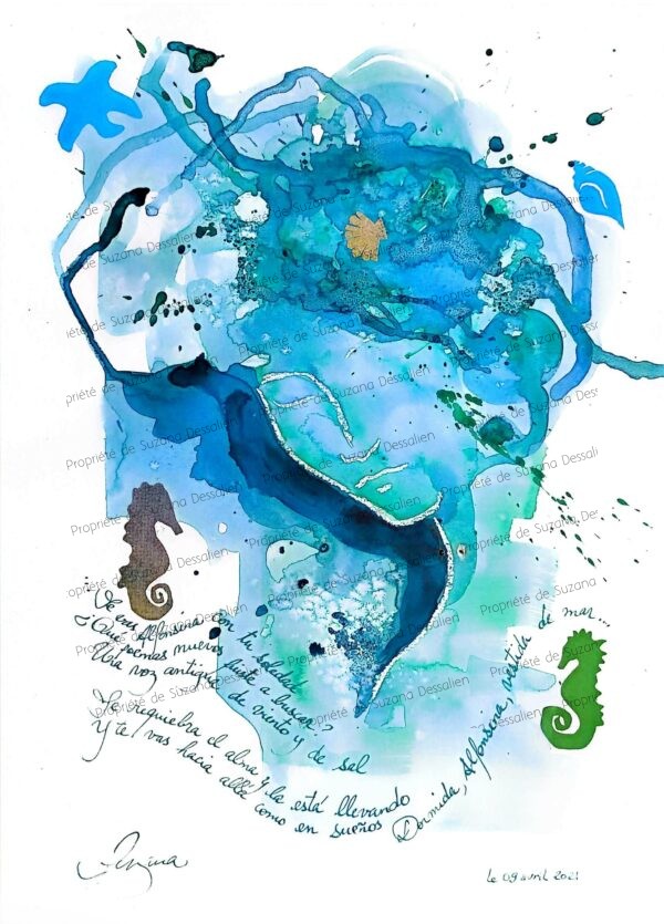 Alfonsina y el Mar I technique mixte par Suzana Dessalien, hommage poétique aquatique 40x30cm, œuvre unique