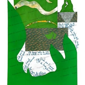 El Verde de Lorca - Collage inspiré de García Lorca par Suzana Dessalien, nuances de vert, 40x30cm