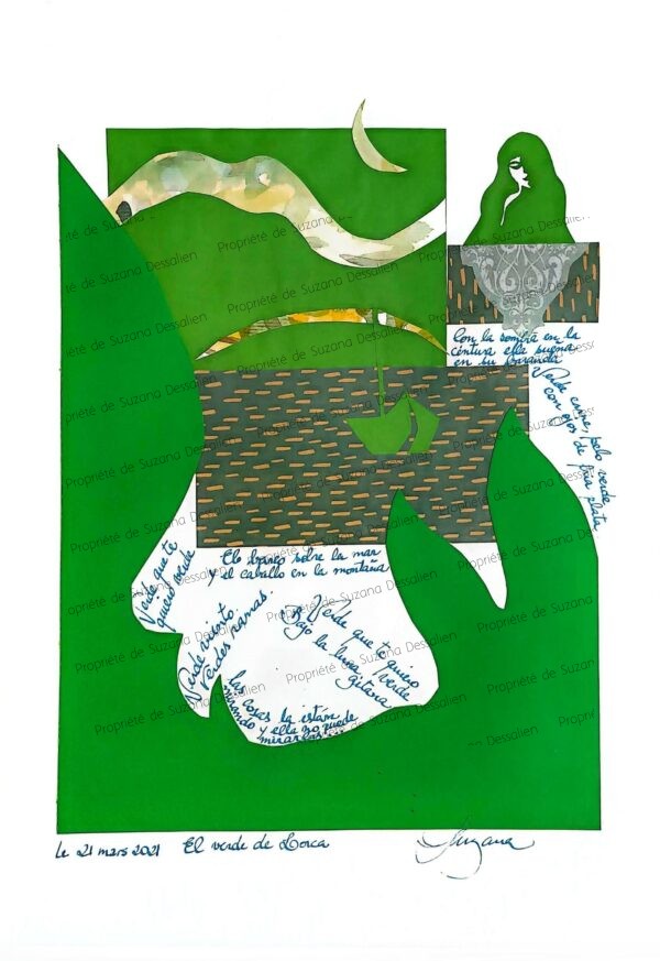 El Verde de Lorca - Collage inspiré de García Lorca par Suzana Dessalien, nuances de vert, 40x30cm