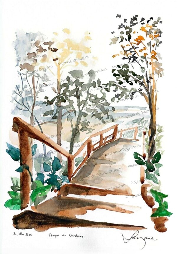 Parque dos Cordeiros par Suzana Dessalien Aquarelle mata atlântica forêt atlantique préservée - Peinture nature généreuse végétation dense protectrice - Art écosystème rare oasis verdure São Paulo - Watercolor sentiers serpentent Brésil originel - Mata atlântica témoin précieux mémoire vivante 40x30 cm