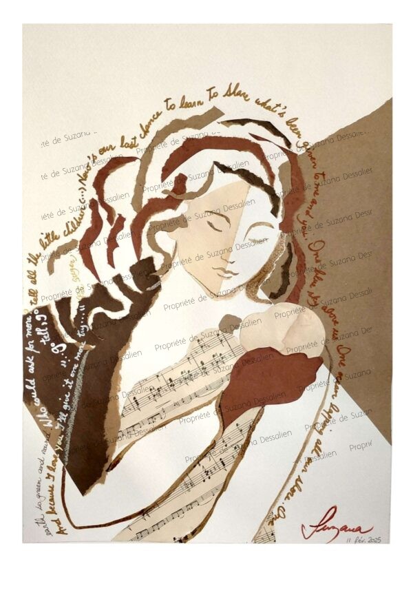 Collage original Go Tell, œuvre unique, visages tournés vers la lumière, teintes douces évoquant l'unité et l'espoir