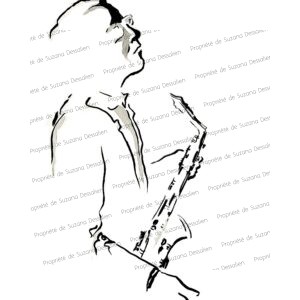 Dessin encre de Chine original Saxo, œuvre unique, musicien et saxophone unis dans l'épure graphique du jazz
