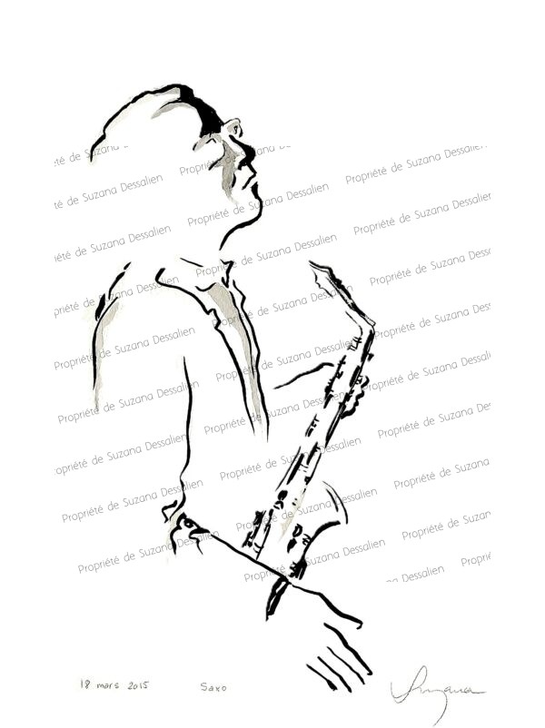 Dessin encre de Chine original Saxo, œuvre unique, musicien et saxophone unis dans l'épure graphique du jazz