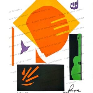 Collage original Composition avec Guitare, œuvre unique, formes géométriques orange, vert et blanc évoquant un guitariste abstrait
