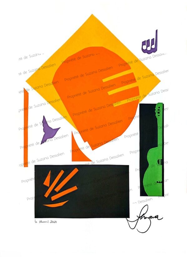 Collage original Composition avec Guitare, œuvre unique, formes géométriques orange, vert et blanc évoquant un guitariste abstrait