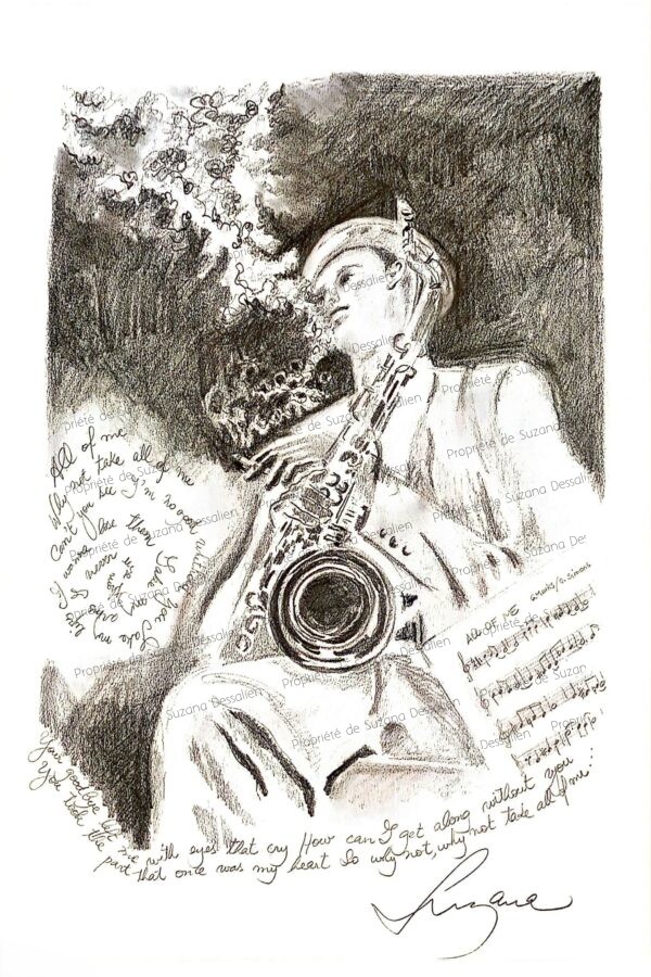 Dessin mine de plomb original All of Me, œuvre unique, portrait de Dexter Gordon inspiré de Herman Leonard