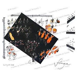 Collage original Orchestre, œuvre unique, fragments noirs et blancs évoquant un concert à l'Opéra de Marseille