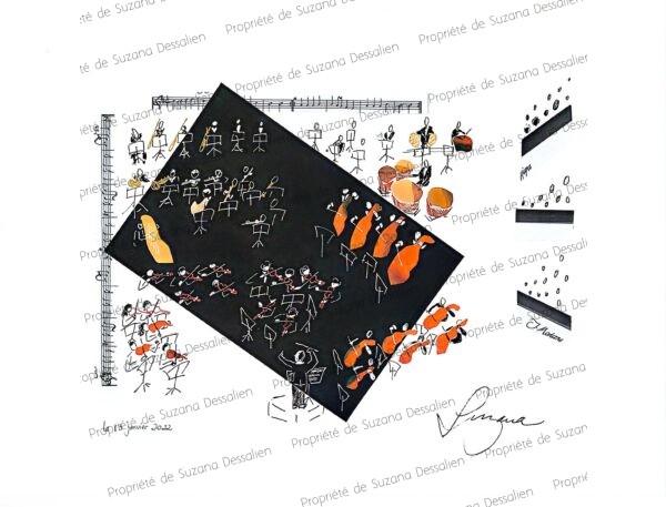 Collage original Orchestre, œuvre unique, fragments noirs et blancs évoquant un concert à l'Opéra de Marseille