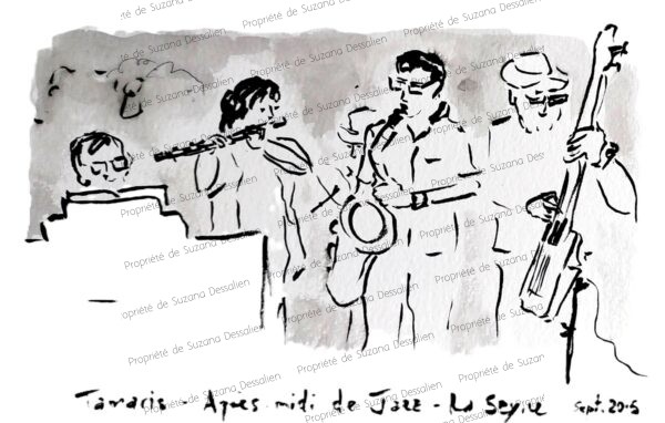 Croquis encre de Chine original Tamaris, œuvre unique, traits spontanés captant un concert de jazz à La Seyne