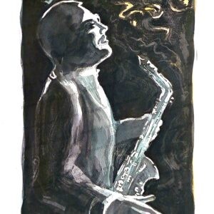 Œuvre technique mixte originale Jazz, création unique, couches de matière noire et blanche évoquant un quartet improvisé