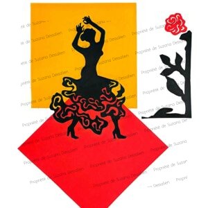 Collage original Hommage au Flamenco, œuvre unique, rouge passion et jaune solaire, silhouette de danseuse en mouvement