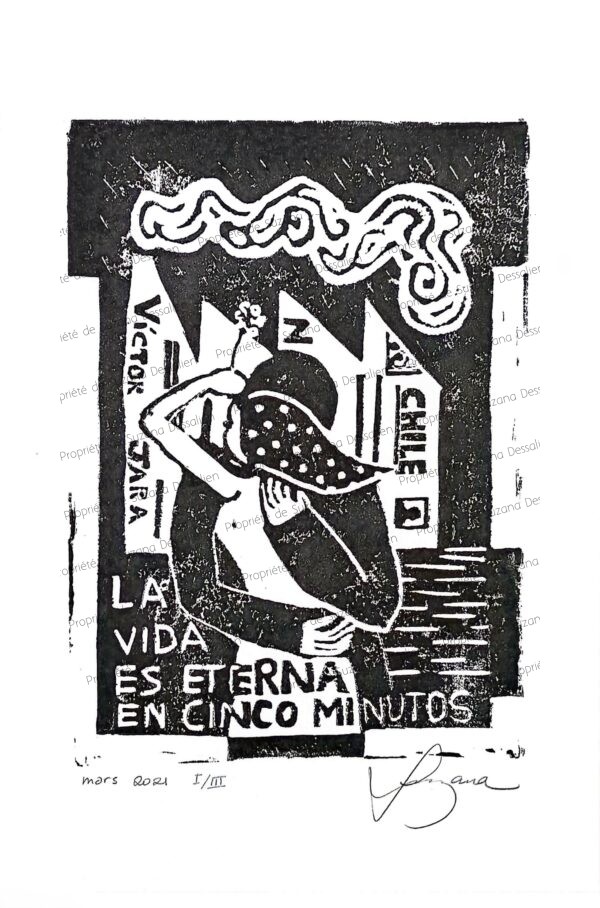 Gravure sur métal originale Te Recuerdo Amanda, œuvre unique, paysage urbain aux traits profonds évoquant Victor Jara
