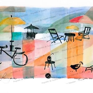 Aquarelle Guarujá par Suzana Dessalien, plage brésilienne animée parasols colorés silhouettes mouvement littoral, 24x33cm