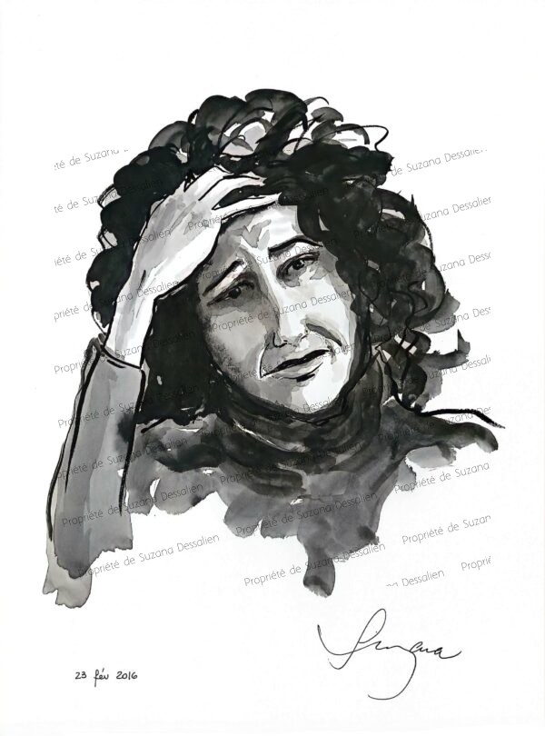 Désespoir, encre de chine, 40x30 - Visage émergeant des ombres noires, révélant la vulnérabilité humaine dans sa vérité la plus pure. L'encre se répand comme l'émotion, transformant la douleur en beauté sombre et authentique.