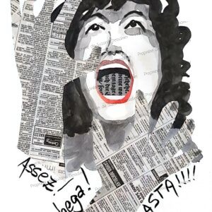 Assez!, technique mixte, 40x30 - Cri de révolte qui jaillit en fragments assemblés. Le collage devient manifeste d'une colère légitime, transformant l'exaspération en protestation visuelle puissante et libératrice.