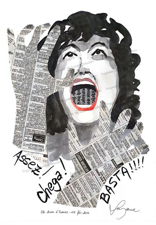 Assez!, technique mixte, 40x30 - Cri de révolte qui jaillit en fragments assemblés. Le collage devient manifeste d'une colère légitime, transformant l'exaspération en protestation visuelle puissante et libératrice.