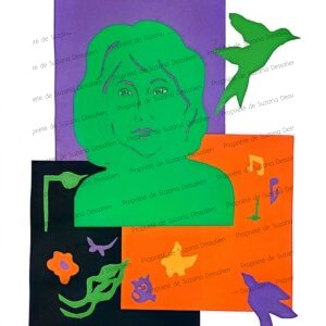 Autoportrait(vert), collage de Suzana Dessalien , 40x30 - Miroir intime en géométries colorées où le vert dialogue avec l'orange et le violet. Fragments assemblés révélant une identité multiple, où les couleurs parlent plus vrai que les traits.