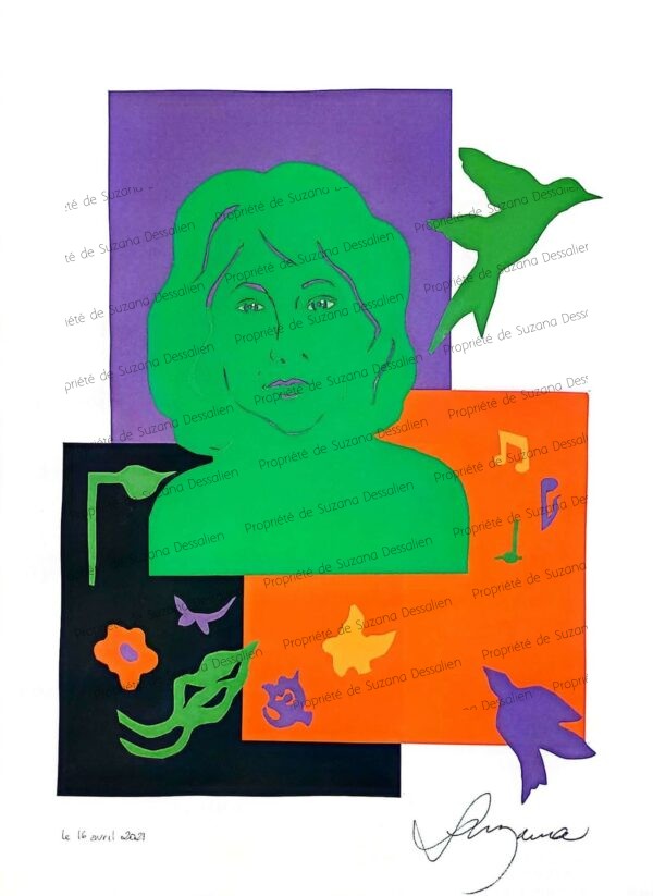 Autoportrait(vert), collage de Suzana Dessalien , 40x30 - Miroir intime en géométries colorées où le vert dialogue avec l'orange et le violet. Fragments assemblés révélant une identité multiple, où les couleurs parlent plus vrai que les traits.