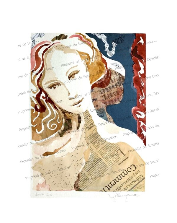 Féminin, technique mixte, 40x30 - Portrait aux matières entremêlées où douceur et force se révèlent par couches successives. Exploration artistique de la complexité féminine et de ses multiples facettes harmonieuses.