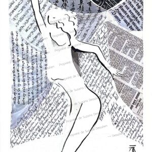 Funambule, technique mixte, 40x30 - Silhouette avançant sur le fil de l'existence dans un monde de papiers journaux et fragments textuels. Métaphore de l'équilibre humain entre espoir et vertige, courage et incertitude.