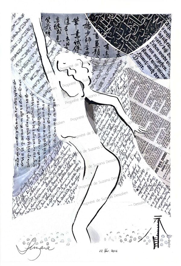 Funambule, technique mixte, 40x30 - Silhouette avançant sur le fil de l'existence dans un monde de papiers journaux et fragments textuels. Métaphore de l'équilibre humain entre espoir et vertige, courage et incertitude.
