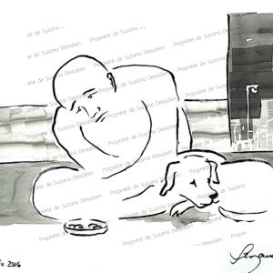 Misère, encre de chine, 30x40 - Silhouette recroquevillée dans la solitude urbaine, entourée des symboles d'une société d'abondance qui l'ignore. L'art devient témoin de la dignité blessée et de la détresse silencieuse.