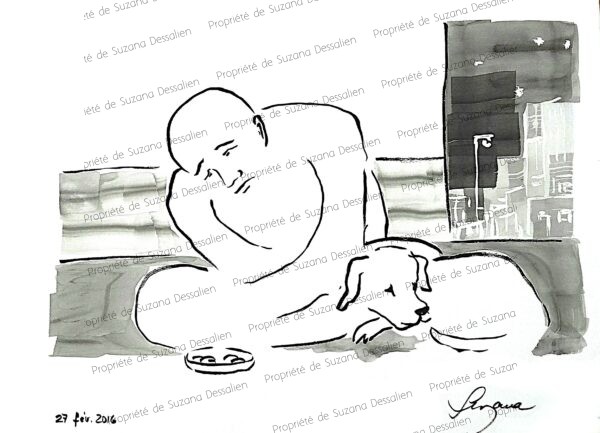 Misère, encre de chine, 30x40 - Silhouette recroquevillée dans la solitude urbaine, entourée des symboles d'une société d'abondance qui l'ignore. L'art devient témoin de la dignité blessée et de la détresse silencieuse.