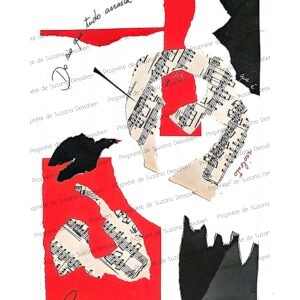 Hommage à Brecht, collage, 40x30 - Rouge révolutionnaire et noir contestataire s'assemblent en composition théâtrale. Fragments évoquant l'esprit critique du dramaturge, où l'art rencontre la poésie engagée.