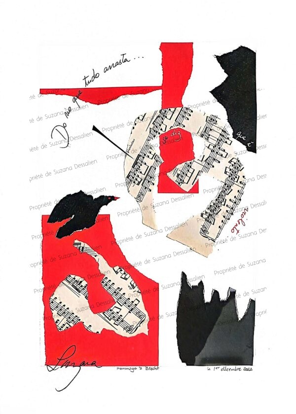 Hommage à Brecht, collage, 40x30 - Rouge révolutionnaire et noir contestataire s'assemblent en composition théâtrale. Fragments évoquant l'esprit critique du dramaturge, où l'art rencontre la poésie engagée.