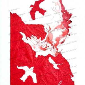 Oiseaux Rouges, collage, 40x30 - Silhouettes ailées s'élançant vers la liberté dans un élan de rouge passion. Fragments de papier transformés en messagers d'évasion, hymne visuel épuré et puissant.