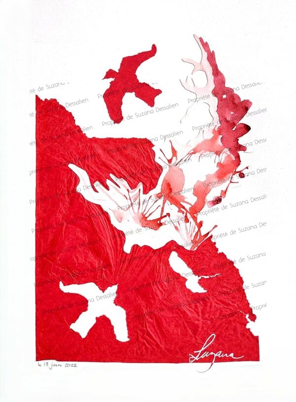 Oiseaux Rouges, collage, 40x30 - Silhouettes ailées s'élançant vers la liberté dans un élan de rouge passion. Fragments de papier transformés en messagers d'évasion, hymne visuel épuré et puissant.