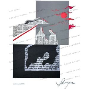 Recueillement, collage, 40x30 - Silhouettes se penchant vers l'intérieur de leur âme dans un sanctuaire de gris doux et blancs apaisants. Méditation visuelle encadrée de formes géométriques, essence du silence intérieur.