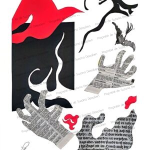 Composition noire&rouge, collage, 40x30 - Contraste absolu entre passion rouge et profondeur noire. Formes abstraites dansant dans un équilibre tendu, où l'émotion brute rencontre la sophistication graphique.