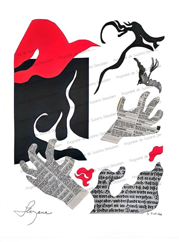 Composition noire&rouge, collage, 40x30 - Contraste absolu entre passion rouge et profondeur noire. Formes abstraites dansant dans un équilibre tendu, où l'émotion brute rencontre la sophistication graphique.