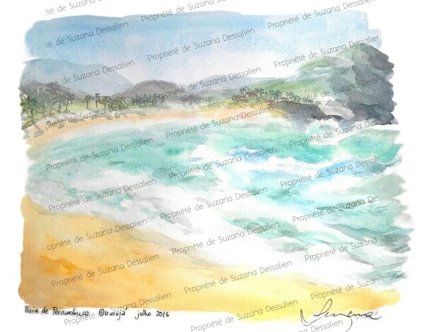 Aquarelle Praia de Pernambuco par Suzana Dessalien, vagues océan Atlantique sable doré Baixada Santista São Paulo, 24x30cm