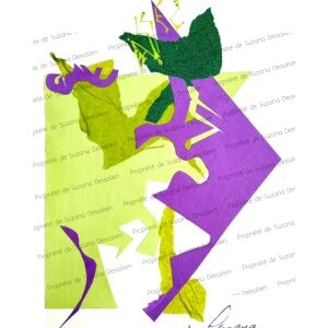 Composition Verte(Assez), collage, 40x30 - Angles aigus et formes tranchantes dans une géométrie de tension. Vert acide dialoguant avec le violet, créant un paysage mental où l'âme se hérisse d'angles vifs.