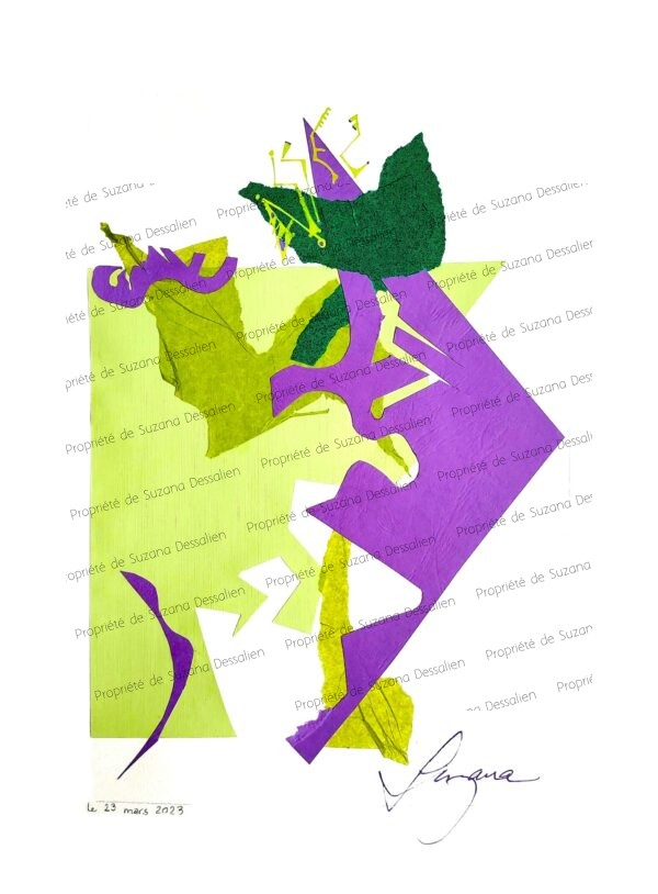 Composition Verte(Assez), collage, 40x30 - Angles aigus et formes tranchantes dans une géométrie de tension. Vert acide dialoguant avec le violet, créant un paysage mental où l'âme se hérisse d'angles vifs.