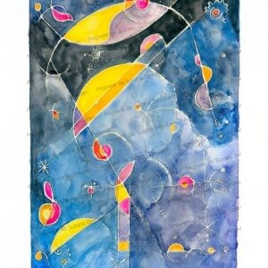 Aquarelle abstraite Em busca de Paz par Suzana Dessalien, tons bleus apaisants avec touches jaunes, 48x36cm