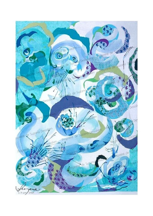 Œuvre technique mixte Fond d'Océan par Suzana Dessalien, bleus profonds et turquoises cristallins, 48x36cm
