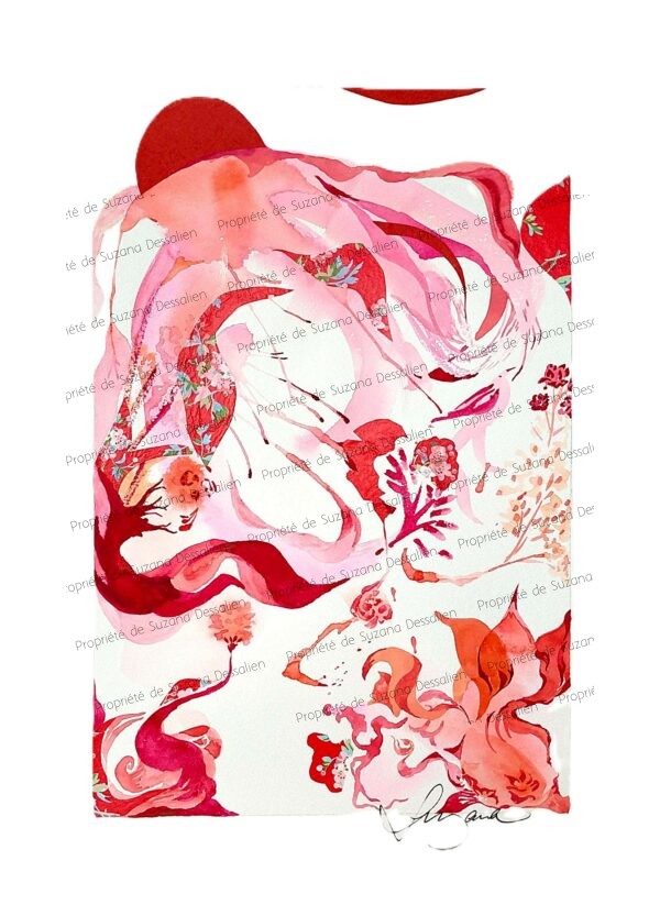 Eclats de Printemps - Explosion de roses poudrés et rouges tendres en technique mixte 40x30cm. Une création originale Suzana Dessalien qui capture l'effervescence du renouveau printanier.